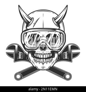 Skull with horns in safety glasses and body shop mechanic spanner repair tool or construction wrench for gas and builder plumbing pipe in vintage Stock Vector