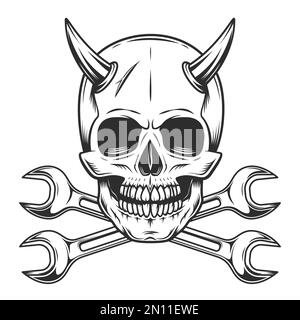 Vintage skull with horns with body shop service car and truck mechanic repair tool crossed wrench or construction for gas and builder plumbing pipe Stock Vector