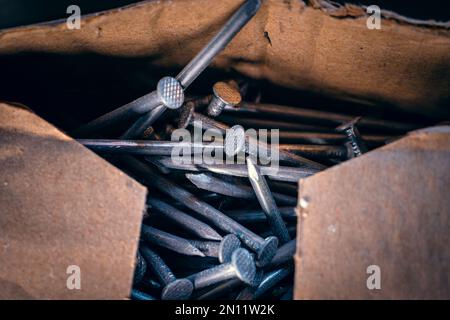 Large metal nails in a cardboard box close-up. Universal building material for fastening and tying wooden parts Stock Photo