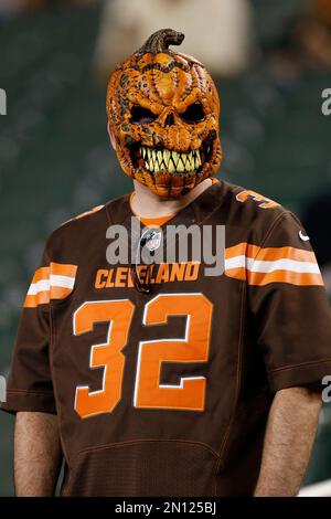 A fan of the Cleveland Browns wears a dog mask during the game