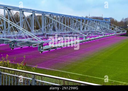 Fully automatic movable LED lighting system for turf growth lighting of stadium driven turf football pitch playing field of Bundesliga club football c Stock Photo