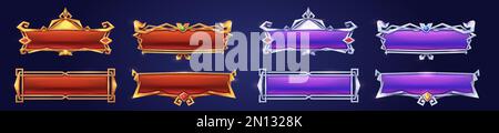 Medieval buttons, ui game menu elements, oblong banners and gold silver ornate rims. Empty royal gui bars for rpg or arcade, golden borders, web design interface Cartoon 3d vector illustration, set Stock Vector