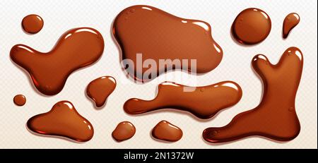 Realistic set of cola or coffee puddles isolated on transparent background. Vector illustration of brown liquid substance, drink, oil, black soy sauce stains and blobs with bubbles spilled on surface Stock Vector
