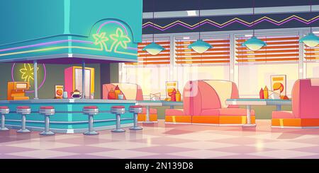 Retro restaurant, diner interior with bar counter. Vintage coffee shop, american cafe with tables, sofas and stools. Empty cafeteria interior in 50s style, vector illustration in contemporary style Stock Vector