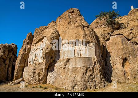 Reliefs of Ardashir I the Great Bahram II and the ancient Elamite relief, Naqsh-e Rostam, Rock Tombs of the Great Kings, Naqsh-e Rostam, Iran, Asia Stock Photo