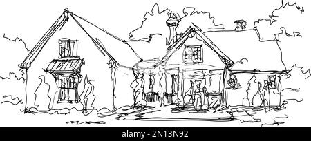 hand drawn architectural sketch of beautiful old classic detached village house with garden  and trees and lots of weed Stock Photo