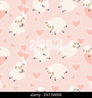 Seamless pattern with cute sheeps on soft pink background with hearts. Vector illustration. Endless background for valentines, wallpapers, packaging, Stock Vector