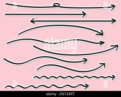 Handwritten long arrow set with white border like stickers. Twirling arrows or loosely curved and straight arrows. Stock Vector