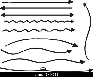 Handwritten long arrow set like drawn with a marker. The tip of the arrow is triangular. Twirling arrows or loosely curved and straight arrows. Stock Vector