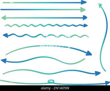 Bright blue and green gradient handwritten long arrows set. Twirling arrows or loosely curved and straight arrows. Stock Vector