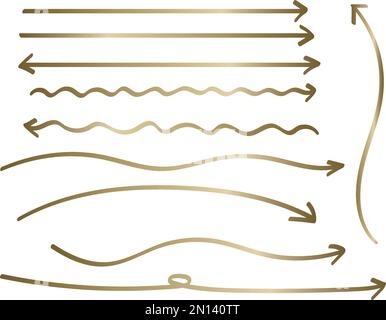 Golden gradient handwritten long arrow set. Twirling arrows or loosely curved and straight arrows. Stock Vector