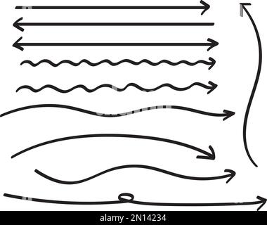 Handwritten long arrow set like drawn with a marker. Twirling arrows or loosely curved and straight arrows. Stock Vector