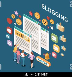 Isometric social media blogging concept with characters of subscribers likes emoji on colour background 3d vector illustration Stock Vector