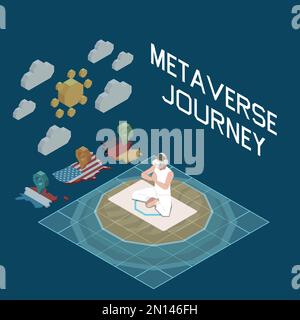 Metaverse journey isometric concept with person in augmented reality goggles in lotus position 3d vector illustration Stock Vector