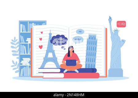 Language course flat composition with woman taking online lesson in from of open book vector illustration Stock Vector