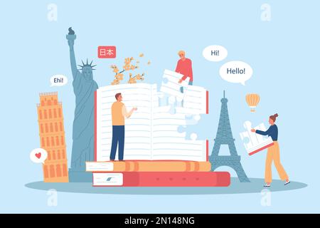 Language course flat composition with notebook and country symbols vector illustration Stock Vector