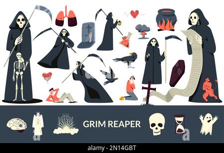 Grim reaper flat set including  skeleton skull black raven grave ghost isolated vector illustration Stock Vector
