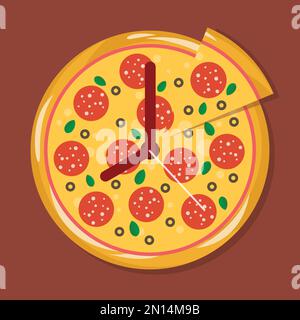 Clock pizza in flat style. delivery design concept. Vector illustration Stock Vector