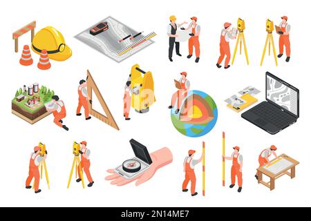 Isometric engineer surveyor icons set with man in working suit and land measuring tools isolated vector illustration Stock Vector