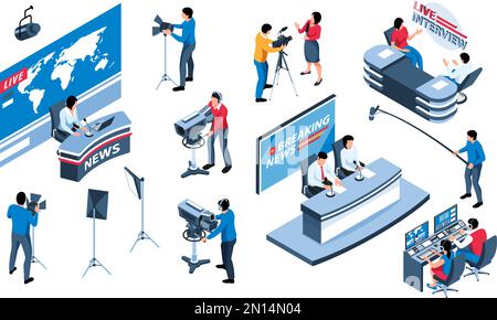 Isometric set of tv studio interior elements cameramen newscasters at work isolated against white background vector illustration Stock Vector