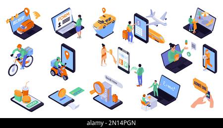 Online services isometric set of people used gadgets for booking order delivery and remote education isolated vector illustration Stock Vector