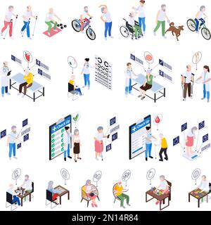 Set with isolated senior healthcare healthy aging isometric images with human characters and conceptual pictogram icons vector illustration Stock Vector