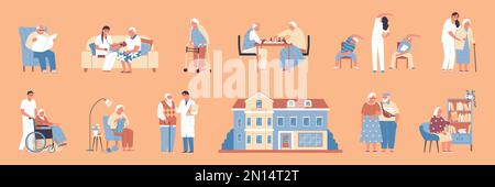 Nursing home flat icons set with medical assistance and volunteer support isolated vector illustration Stock Vector