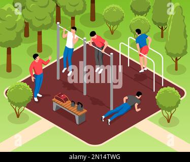 Men doing pull ups workout on sports ground in park 3d isometric vector illustration Stock Vector