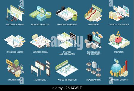 Franchising isometric set of training consulting license investment branded products royalties world distribution isolated icons vector illustration Stock Vector