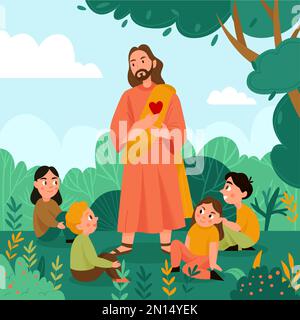 Jesus Christ and religion background with Bible and teaching symbols flat vector illustration Stock Vector