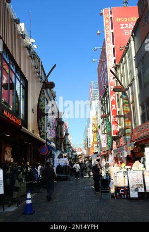 Ameya-Yokocho is a lively street market that runs alongside the railway tracks between JR Ueno Station and Okachimachi Station.,Tokyo, Japan. Stock Photo