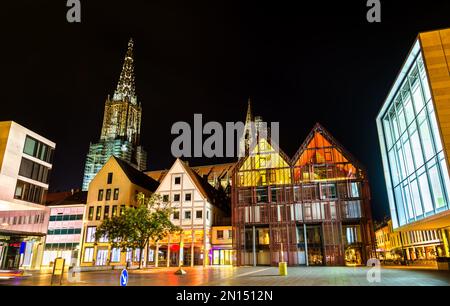 Old town of Ulm with houses and Cathedral in Germany at night Stock Photo