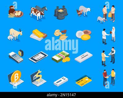 Evolution of money color set of eco food production used in natural exchange and modern means of payment isometric vector illustration Stock Vector