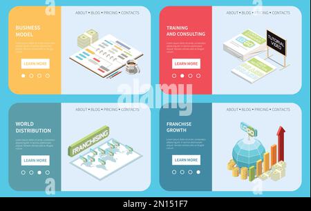 Franchising landing pages set providing information about business model training consulting world distribution isometric vector illustration Stock Vector