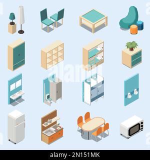 Hostel isometric set of furniture and home appliances for rest sleeping eating and hygiene isolated vector illustration Stock Vector