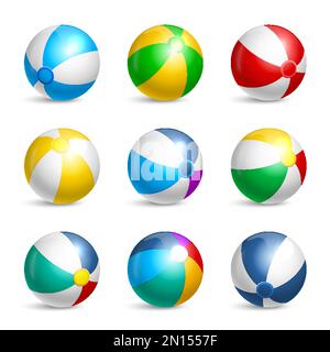 Realistic beach ball icon set nine isolated striped balls of different colors vector illustration Stock Vector