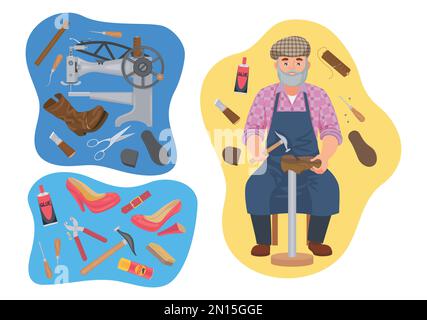 Shoes repairing service flat compositions set with isolated icons of sewing machine tools supplies and boots vector illustration Stock Vector