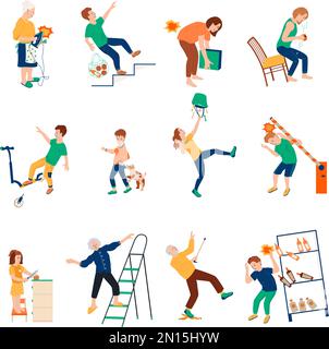 Household injuries flat set of isolated icons with characters of people getting civilian traumas at home vector illustration Stock Vector