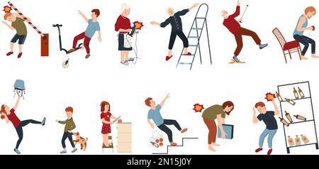 Household injuries flat set of isolated icons showing human characters getting damage hits in various accidents vector illustration Stock Vector