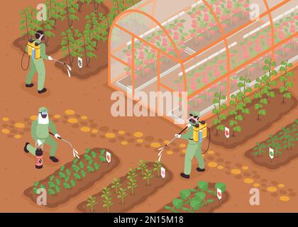 Isometric farm pest control concept with workers spraying the garden vector illustration Stock Vector