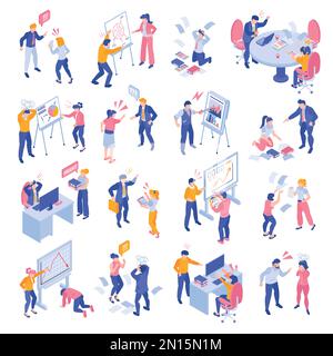 Isometric business team conflicts and debates icons set isolated vector illustration Stock Vector