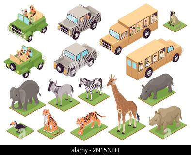 Isometric photo safari icons set with tourist vehicles and wild animals isolated vector illustration Stock Vector