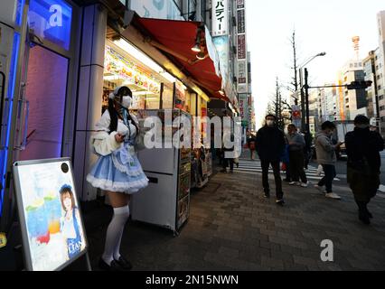 Girls dressed in French maid costumes handing out discount coupons for maid cafes in Tokyo's Akihabara entertainment district. Stock Photo