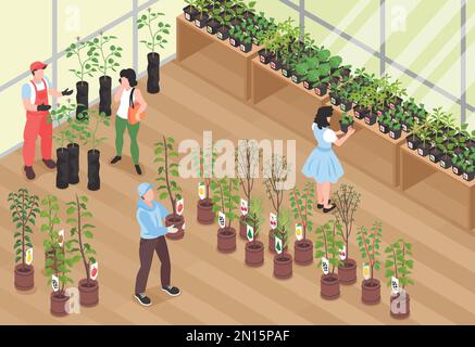 Isometric nursery garden concept with people buing plants vector illustration Stock Vector