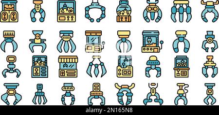Grabber icons set outline vector. Claw crane. Game reacher color line on white isolated Stock Vector