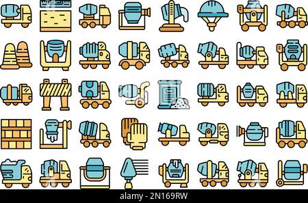 Cement mixer icons set outline vector. Concrete mix. Builder machine color line on white isolated Stock Vector
