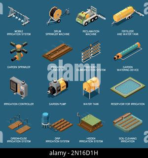 Irrigation systems isometric set of drum sprinkler reclamation machine garden sprinkler  garden pump drip irrigation system seedlings humidification s Stock Vector