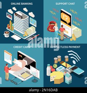 Online mobile banking service 2x2 isometric concept set of credit card contactless payment support chat  square icons vector illustration Stock Vector