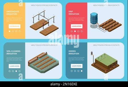Irrigation systems landing pages providing information about greenhouse drip hidden and soil cleaning irrigation isometric vector illustration Stock Vector