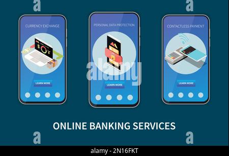 Online mobile banking services on smartphone screen with information about currency exchange contactless payment personal data protection isometric  v Stock Vector